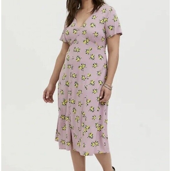 Torrid Midi Dress Size 1X Mauve Pink Lemon Novelty Print Challis Button Front - Picture 1 of 12